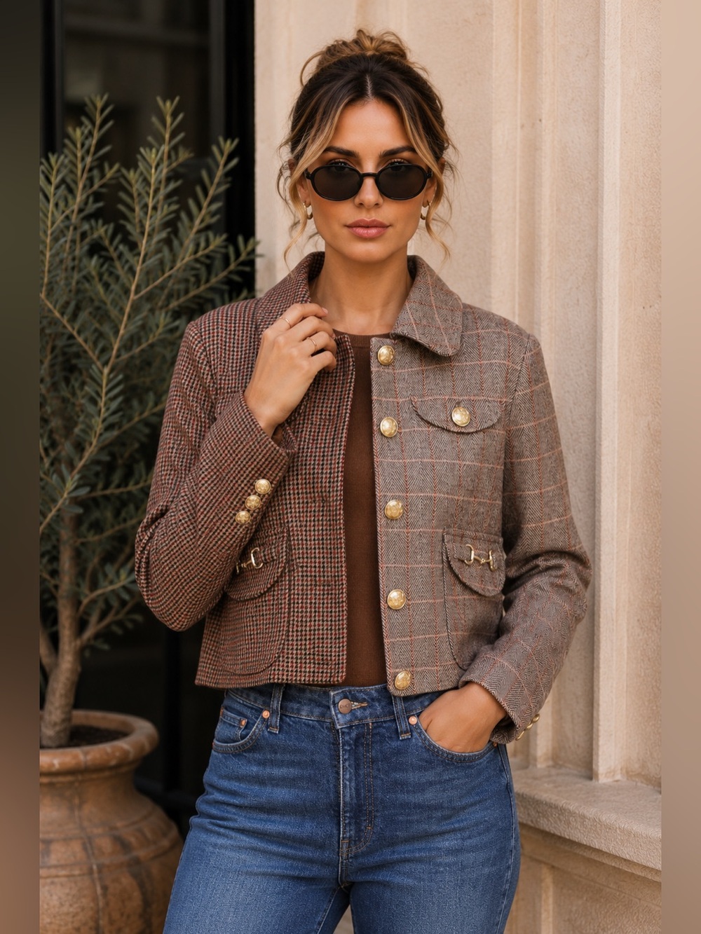 Avec Les Filles Mixed Media Plaid Check Cropped Jacket Gold Buttons S